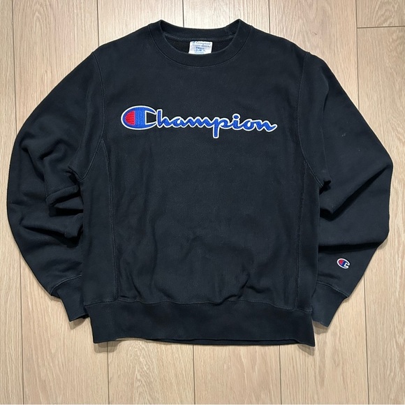 Champion Other - Champion Reverse Weave Crewneck Sweatshirt Black Blue Script Logo Size Small
